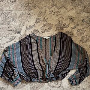 American Eagle Outfitters Striped Cropped Button-Front Top in Teal, Black, Gray